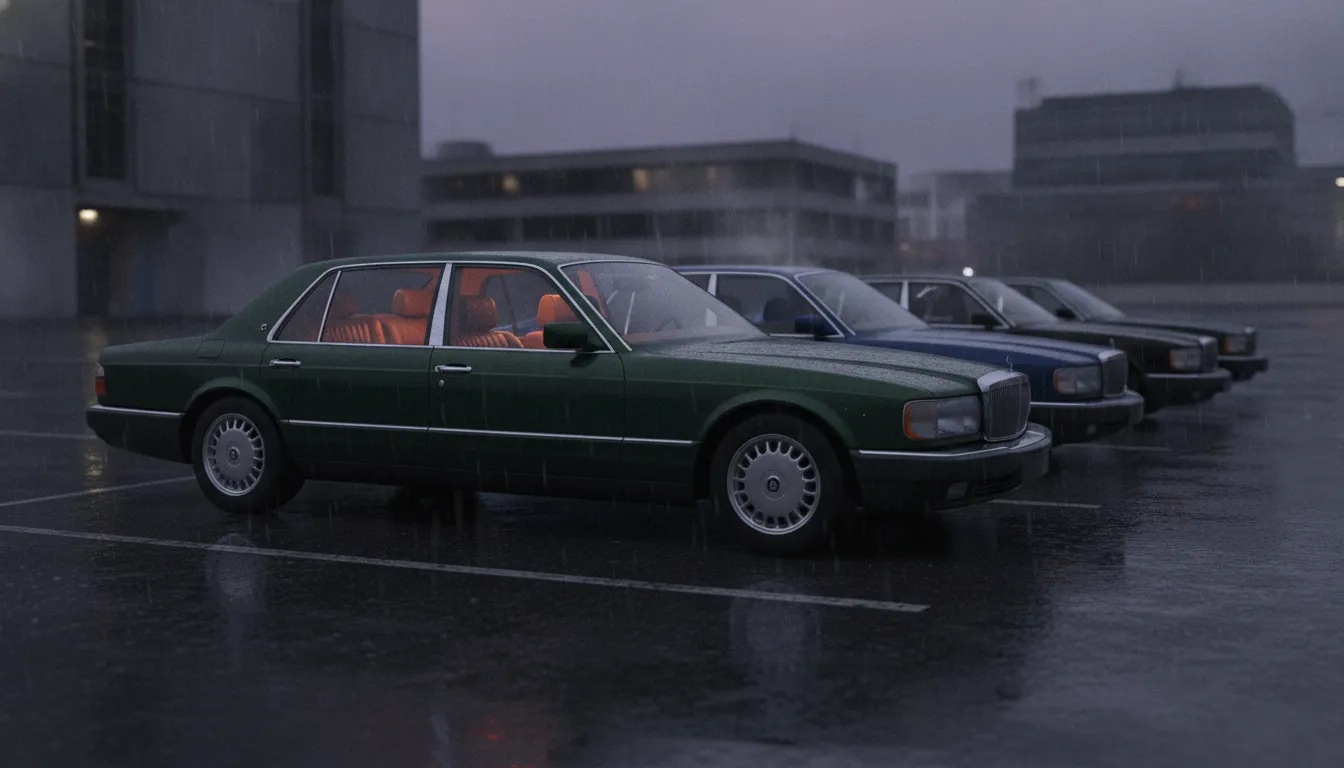 Moody dusk scene of several luxury flagship sedans, one showing subtle signs of wear and mechanical concern, illustrating how expensive dream cars can become costly problems over time.