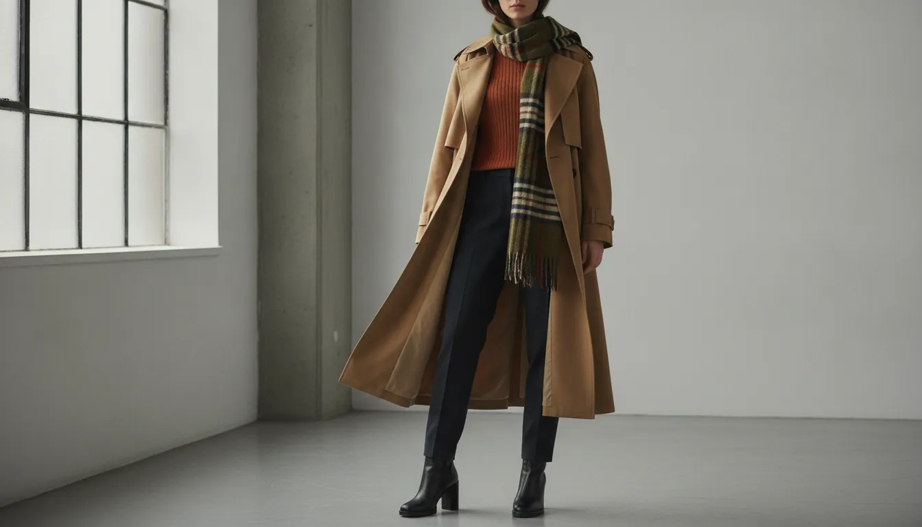 Fashion editorial image showing a late-summer to early-winter layered outfit with a trench coat, knitwear, tartan scarf, and ankle boots