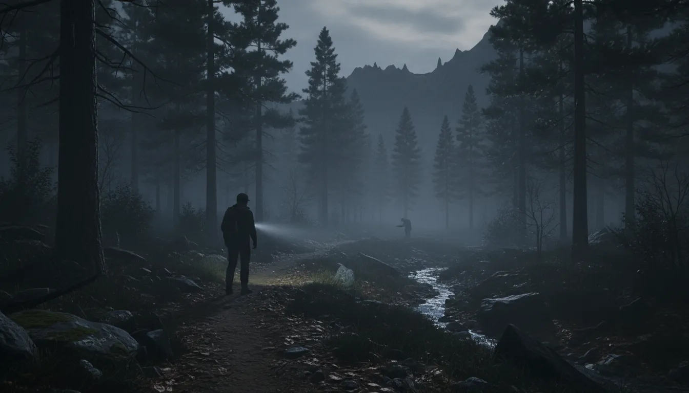 Moody dusk hiking trail through a misty national forest with a lone hiker silhouette and an ominous distant figure in the fog