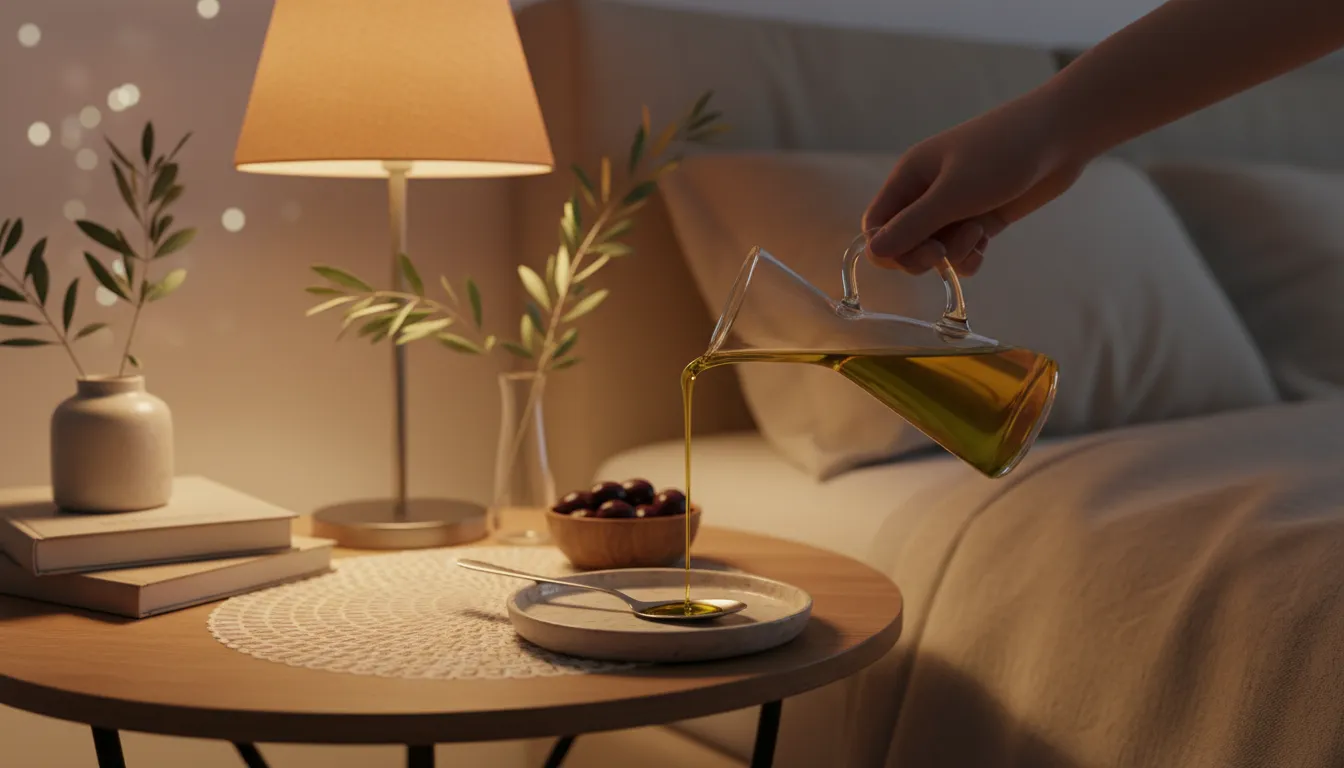 A warm nighttime bedside scene showing olive oil being poured into a spoon beside olive branches, symbolizing taking extra virgin olive oil before bed.