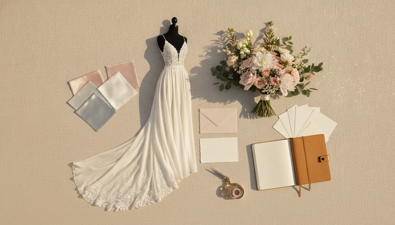 Editorial flat-lay of wedding planning items—wedding dress silhouette, blank stationery, and soft pastel florals—symbolizing one year until the wedding.