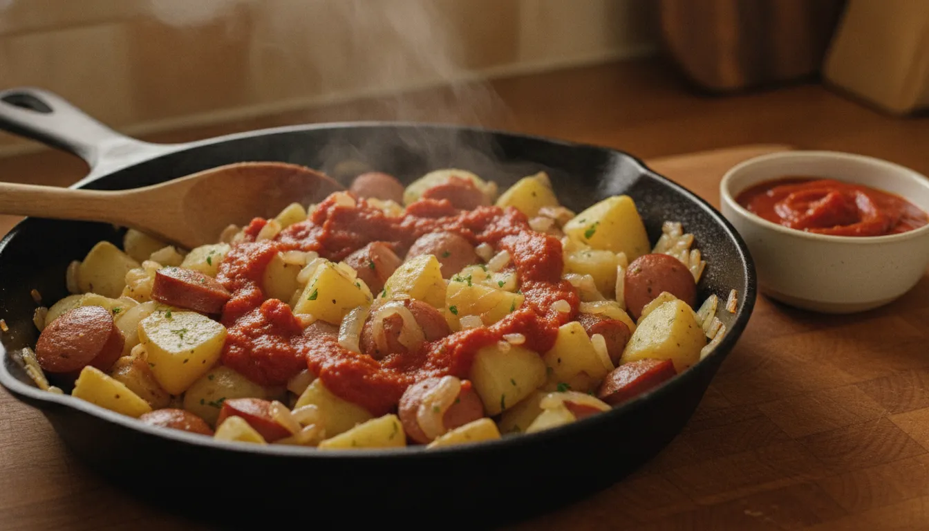 Poor Man’s Meal skillet with potatoes, onions, hot dogs, and marinara sauce
