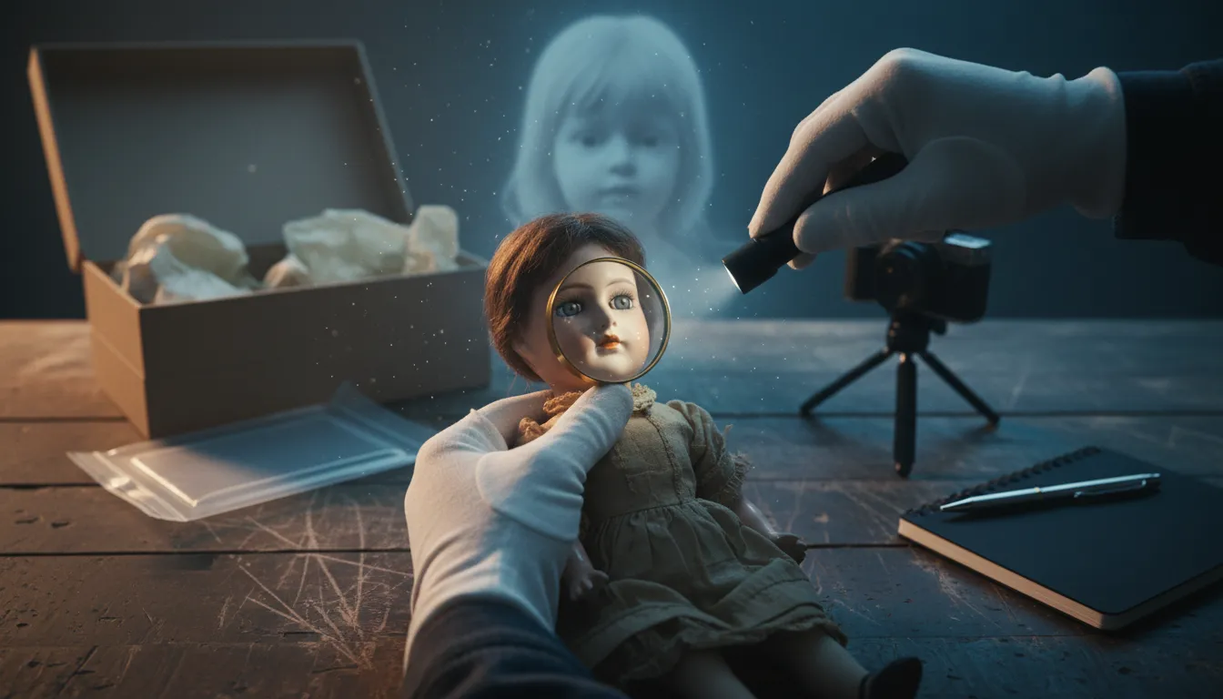 Gloved hands inspecting an antique porcelain doll with a magnifying glass and LED torch on a wooden table, archival box and camera nearby, subtle bluish aura suggesting a haunted or cursed object