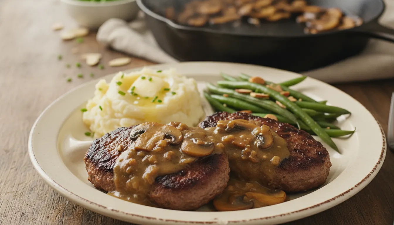Salisbury steak with mushroom gravy, served with mashed potatoes and green beans