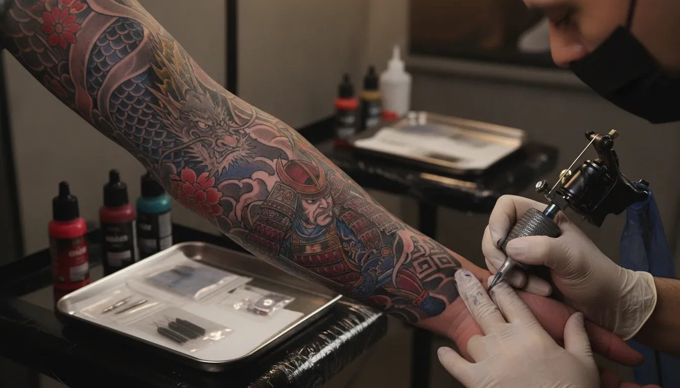 Close-up of an in-progress samurai and dragon tattoo sleeve starting at the forearm in a professional studio setting, highlighting continuity across consecutive sessions