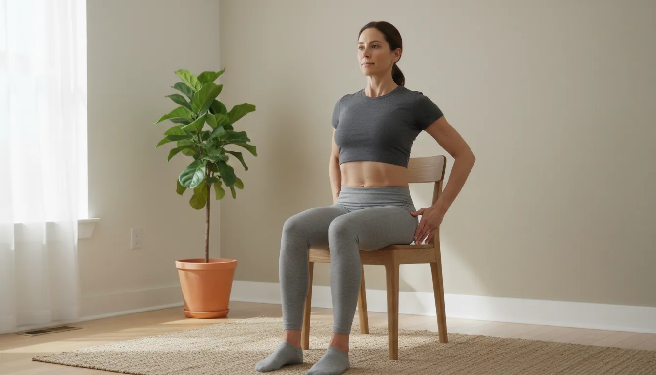 Person performing a seated ab exercise on a chair in a bright home setting to train core safely while tired