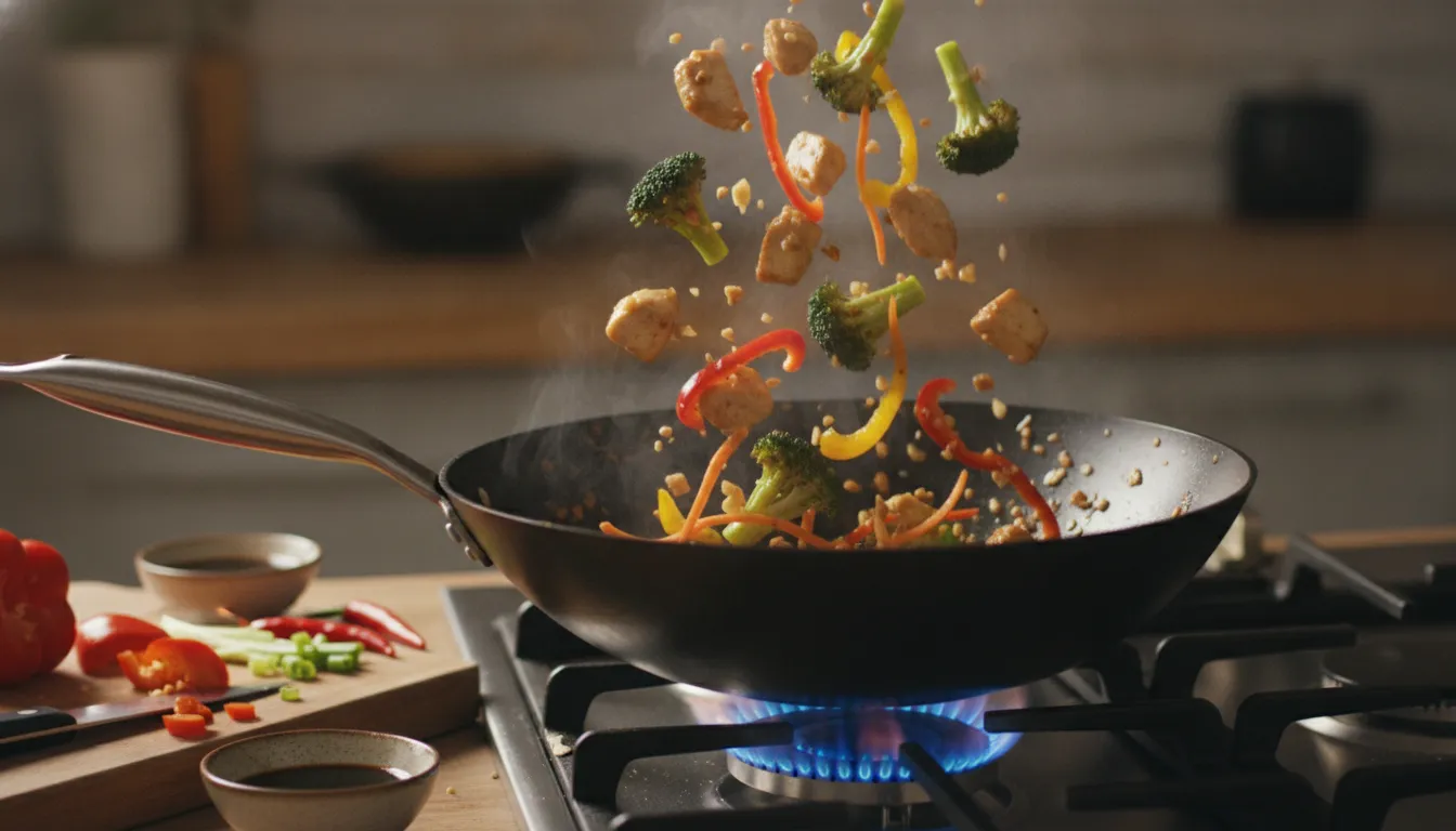 Colorful stir-fry in a sizzling wok with vegetables, aromatics, and sauce in a bright kitchen setting