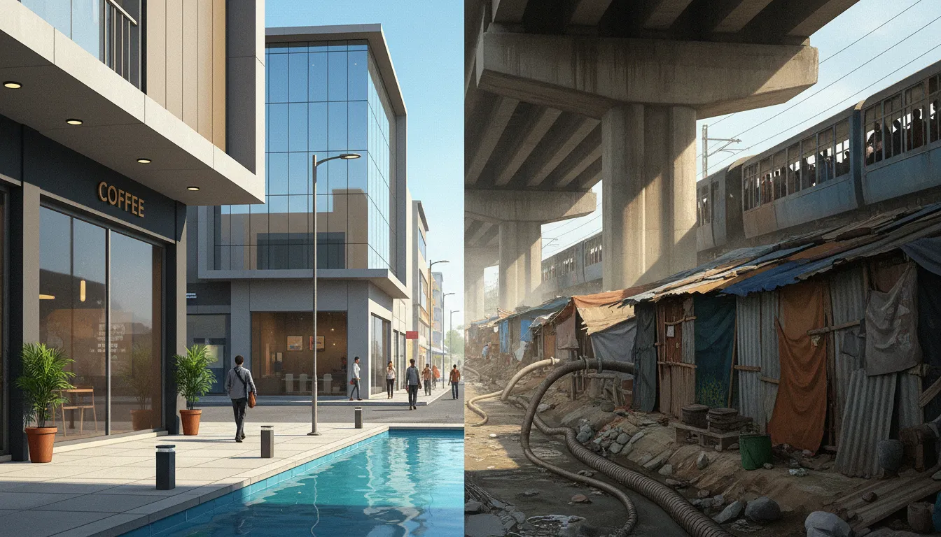 Split-scene view contrasting modern comforts and harsh living conditions in Siliguri, India, showing polished urban spaces on one side and people living under bridges and crowded transit on the other.