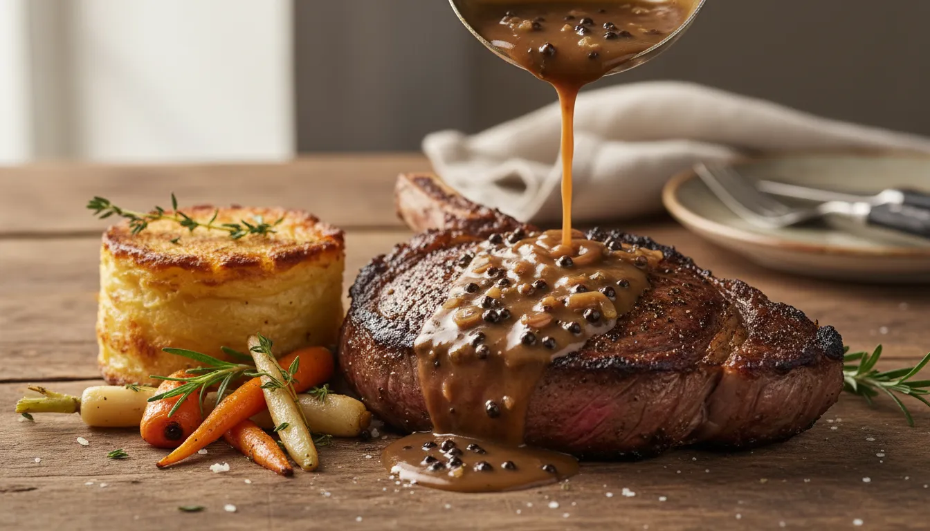 Thick bone-in ribeye steak au poivre with glossy peppercorn sauce and a crisp potato cake with roasted root vegetables