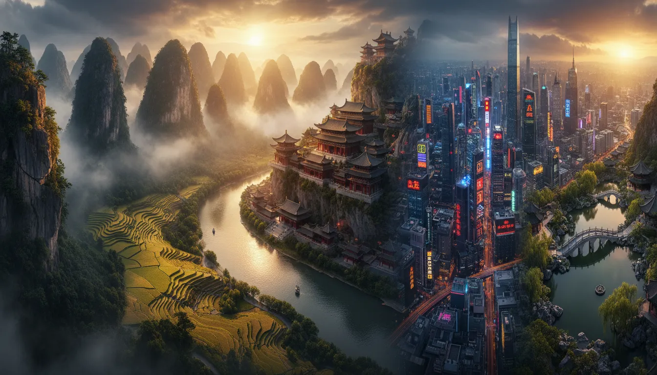 Realistic cinematic panorama depicting famous yet believable places in China, with karst mountains, terraced landscapes, ancient temples, and a modern skyline under golden-hour light, with no text.