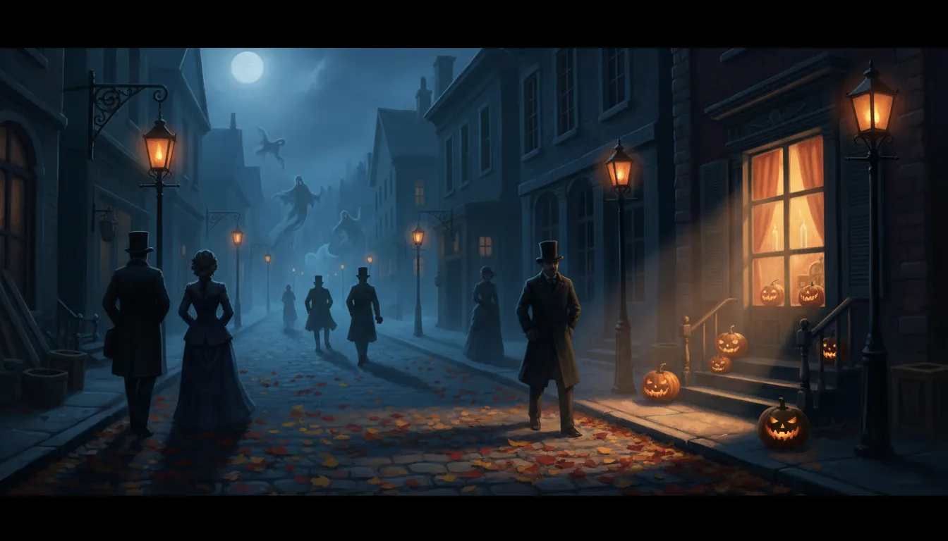 Victorian-era Halloween night scene in 1890 with gas lamps, candlelit parlor windows, carved lanterns, and faint ghostly mist.