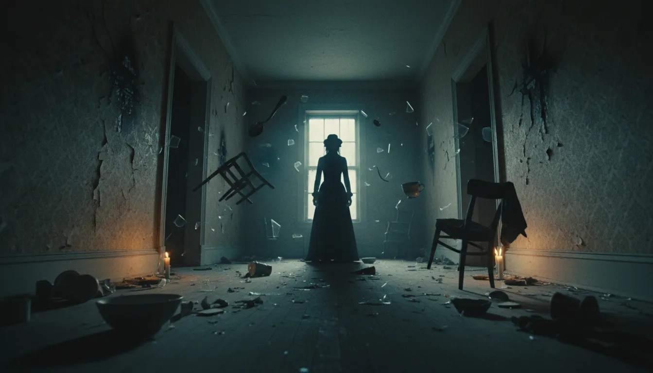 Moody night scene inside an 1870s Nova Scotia wooden house with a shadowy period figure and floating debris suggesting a violent poltergeist mystery, no text.