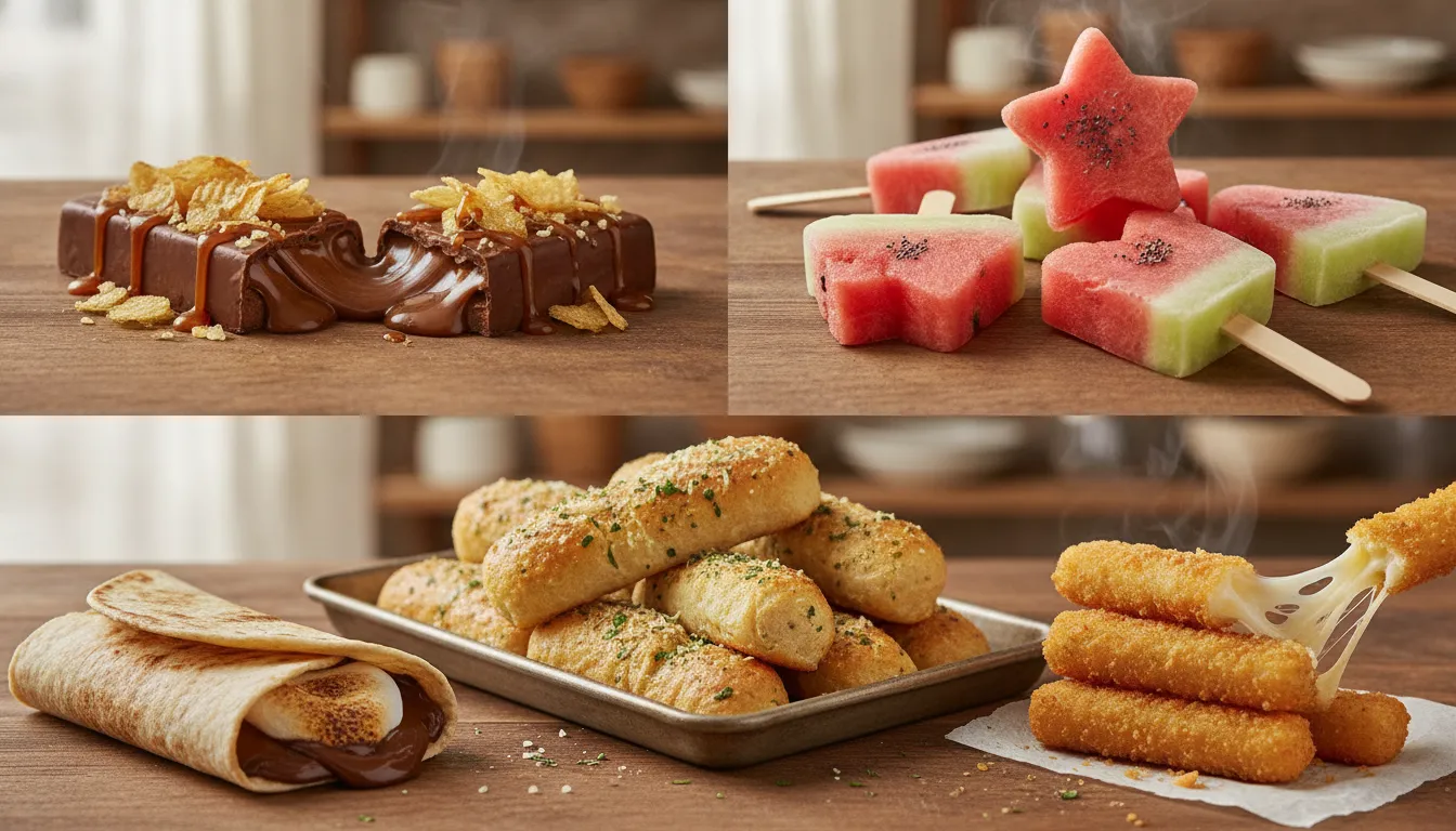 Collage of viral recipes—chocolate bar, frozen watermelon lollies, garlic Parmesan breadsticks, s’mores wrap, and golden mozzarella sticks—on a rustic kitchen table.