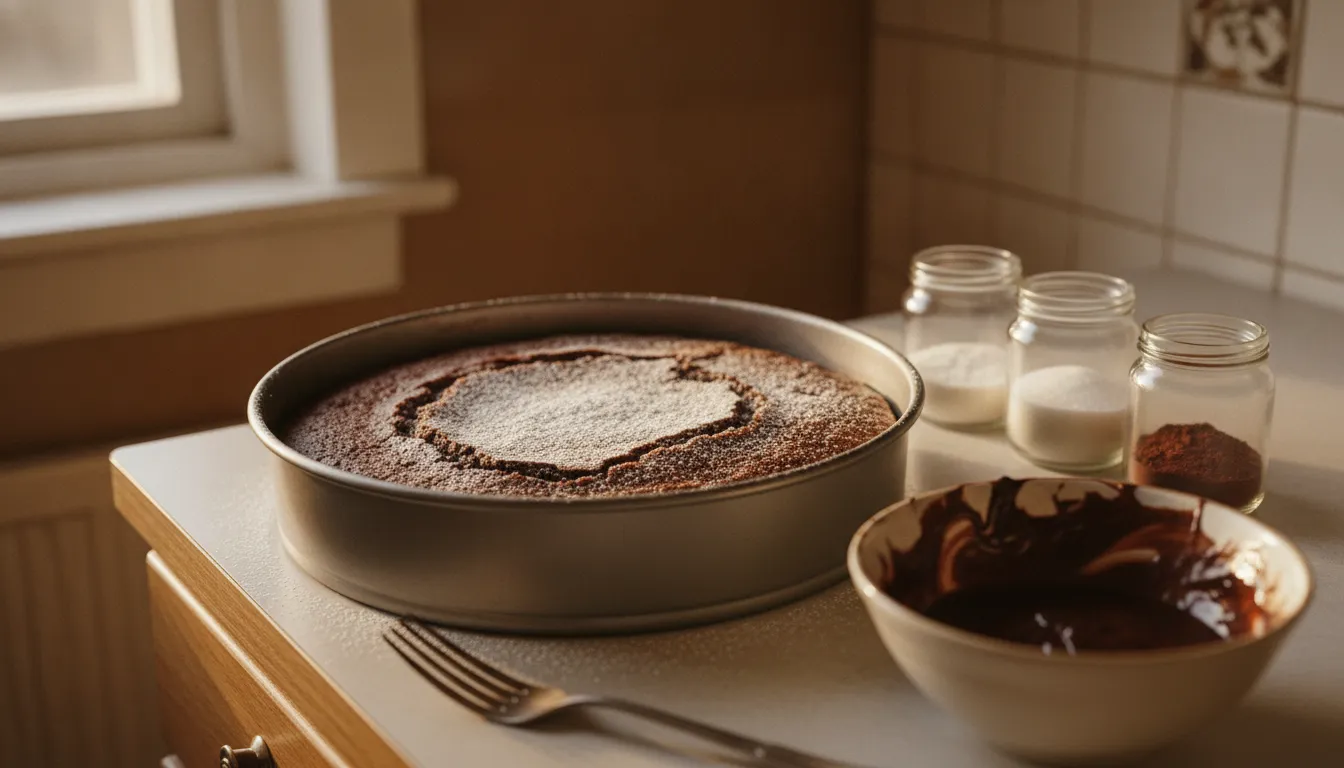 Wacky chocolate cake with a thin cracked crust and a light dusting of powdered sugar in an ungreased pan