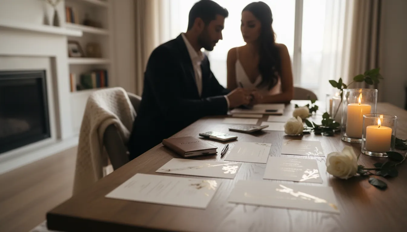 Romantic wedding planning scene with a budget notebook, calculator, and elegant stationery illustrating cost-saving tips without losing style