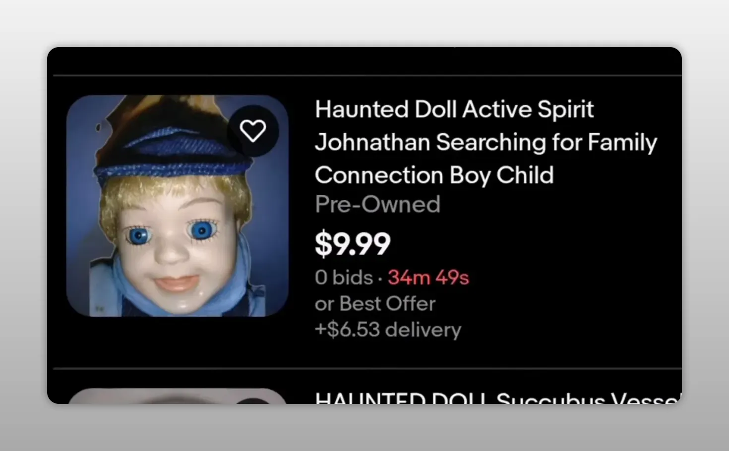 Online marketplace listings for haunted dolls with prices and descriptions