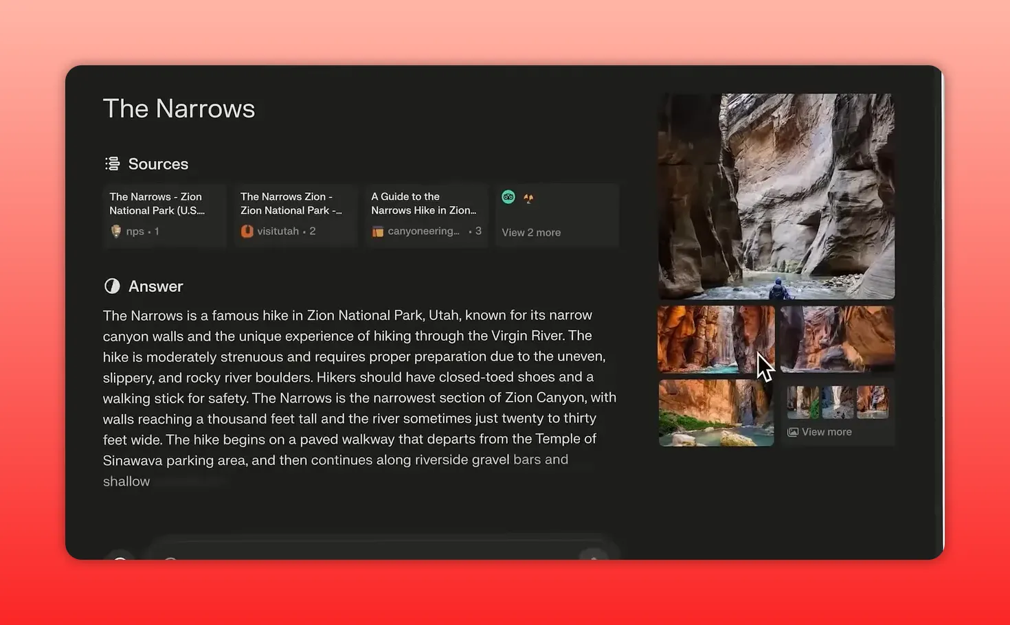 Perplexity results page titled 'The Narrows' displaying source cards, a full answer paragraph on the left, and related photos on the right