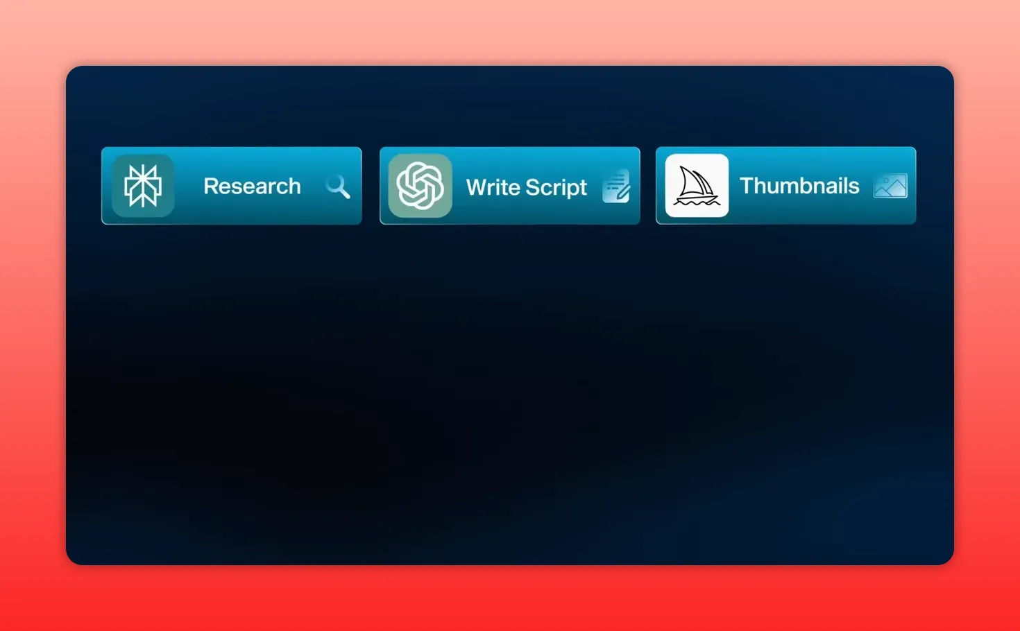 Three blue UI buttons labeled 'Research', 'Write Script', and 'Thumbnails' on a dark background