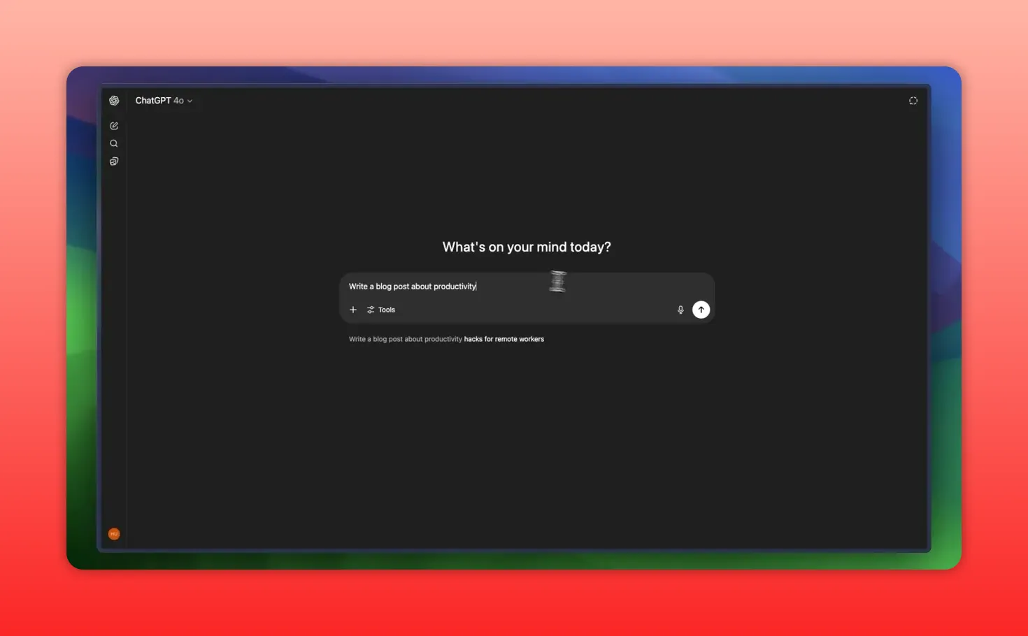 ChatGPT input screen with the prompt text 'Write a blog post about productivity' typed into the compose box.