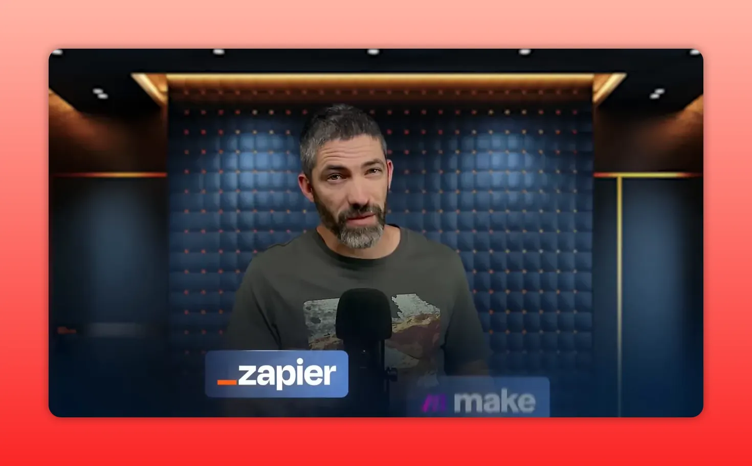 Presenter in a padded studio with overlaid Zapier and Make logos, illustrating no-code automation platforms.