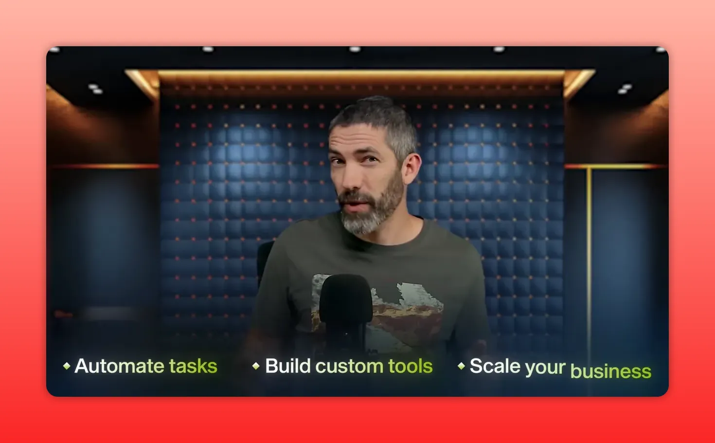 Presenter with lower-third text reading 'Automate tasks • Build custom tools • Scale your business' in a studio setting