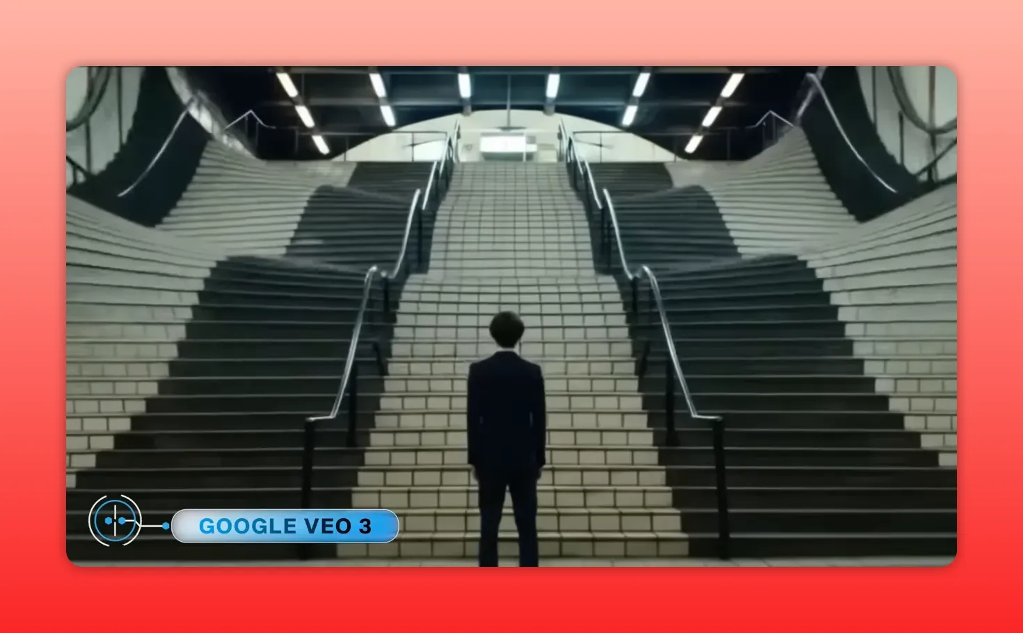 High-clarity cinematic frame of a person standing at the base of a wide tiled staircase in a transit hub, viewed from behind; lower-left badge reads 'GOOGLE VEO 3'.