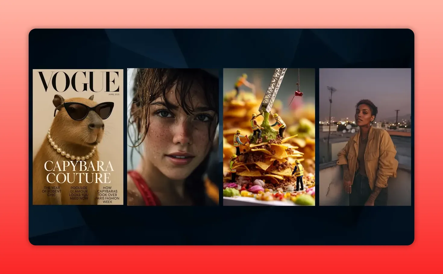 Four adjacent images demonstrating AI image outputs: an editorial capybara cover, realistic portrait, whimsical miniature food construction, and a nighttime rooftop portrait.