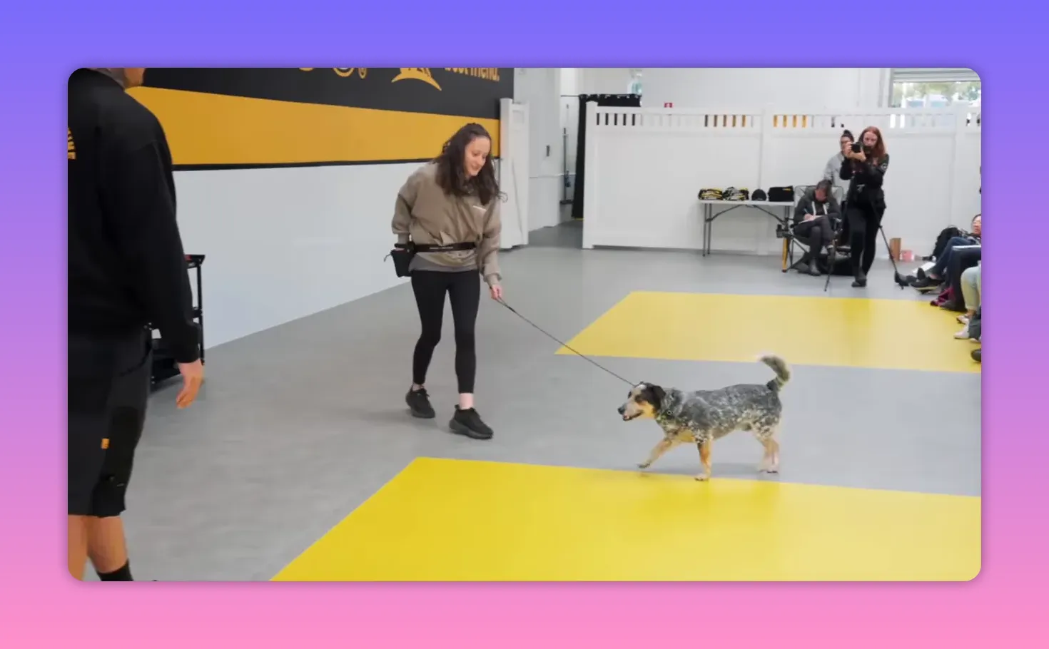 Owner leading a small dog on leash across a training mat while the trainer observes, clear close view of dog movement.