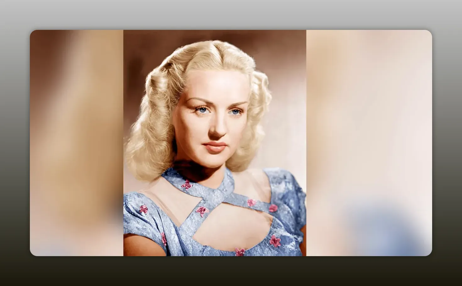 Young Betty Grable early studio portrait in blue dress