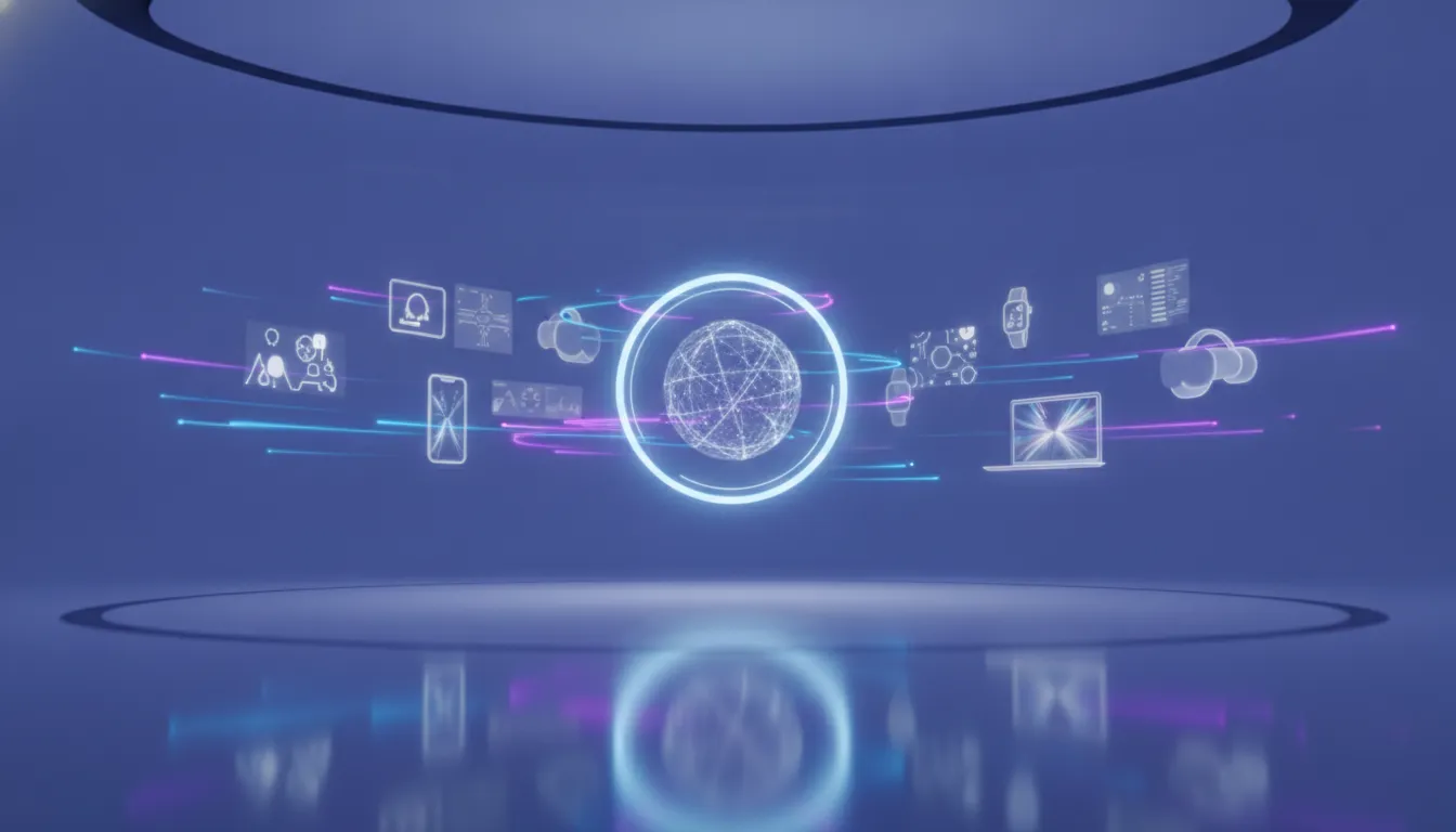 Futuristic WWDC 2026 style tech scene showing a central glowing AI core and holographic smart-device outlines under cinematic blue-purple lighting, with privacy-like shield glow and no text.