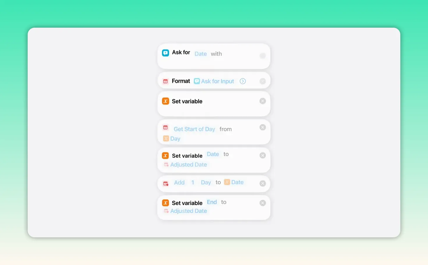 Shortcut builder interface showing grouped automation steps and an iPhone preview for a described shortcut