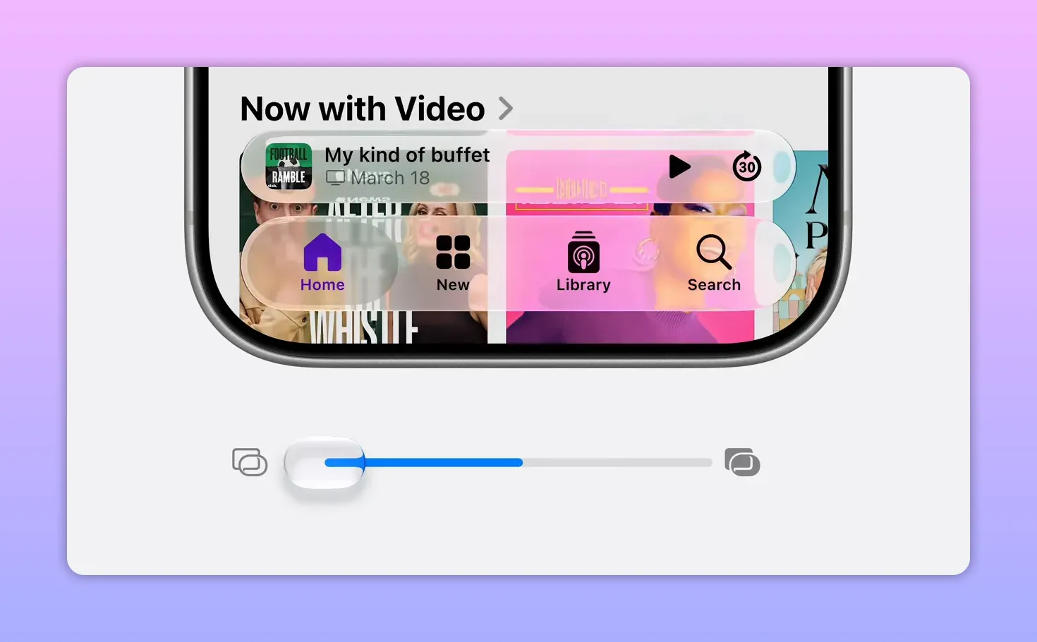 iPhone interface showing a horizontal slider beneath a colorful app screen for adjusting visual appearance