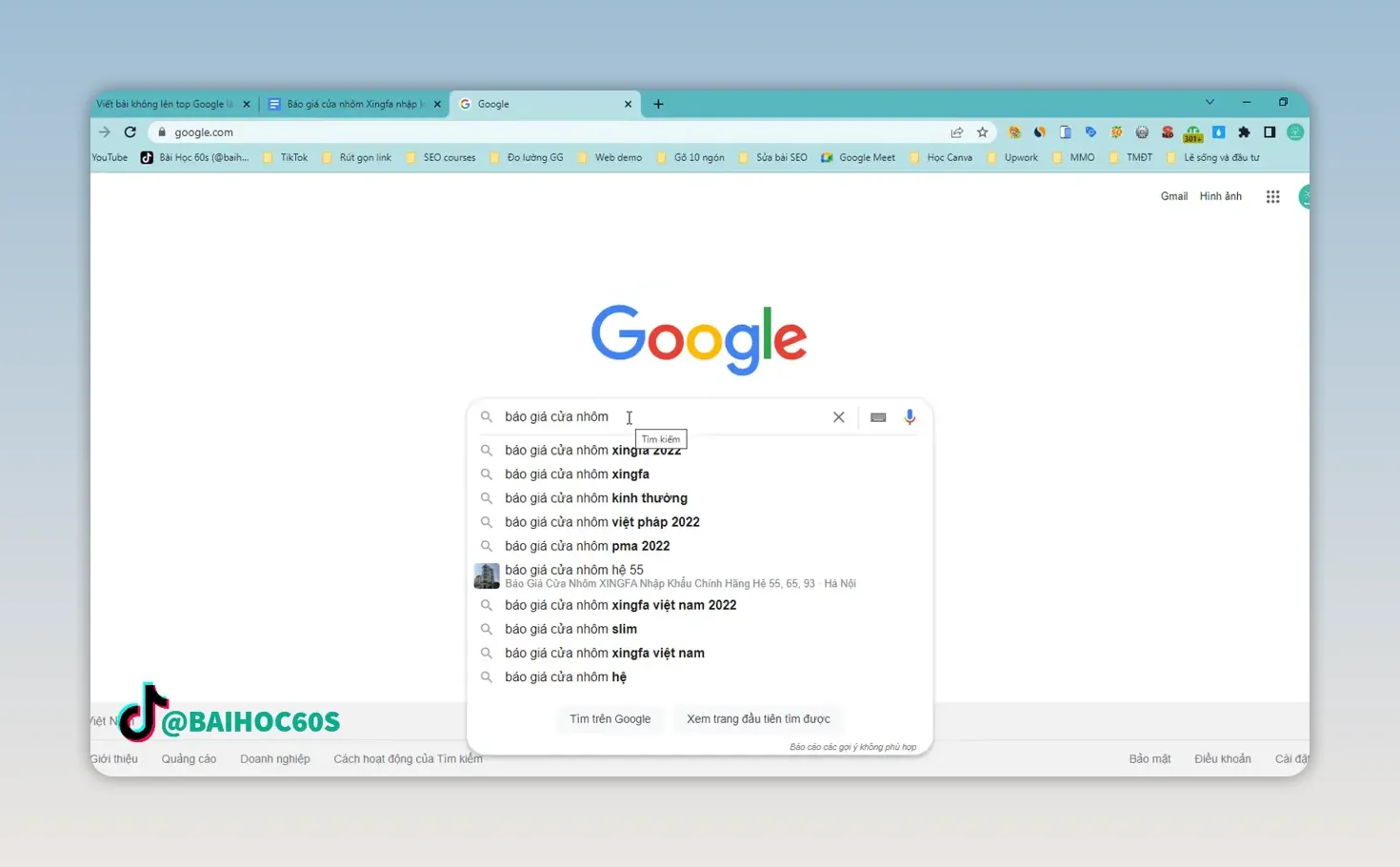 Trang tìm kiếm Google hiển thị danh sách gợi ý cho từ khóa về báo giá cửa nhôm Xingfa