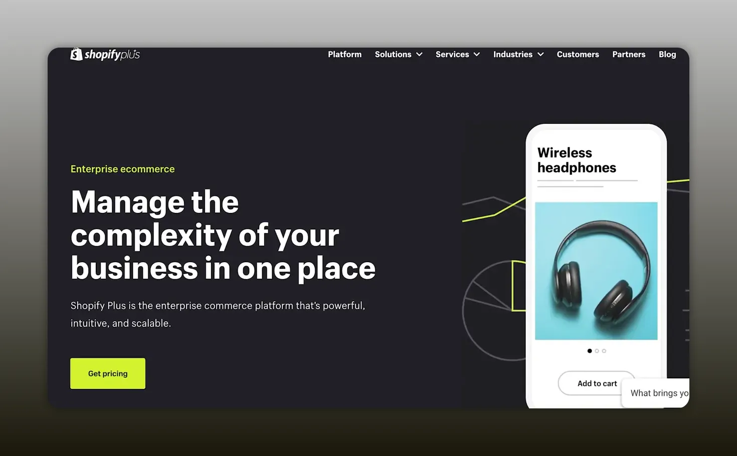 Trang chủ Shopify Partners với tiêu đề lớn và thẻ sản phẩm tai nghe