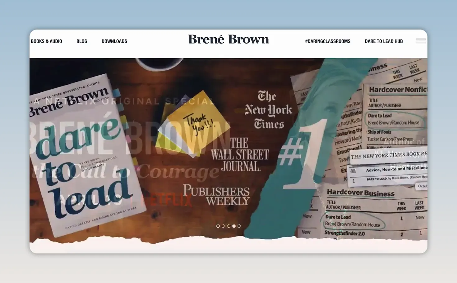 Trang Brené Brown hiển thị sách và biểu trưng truyền thông