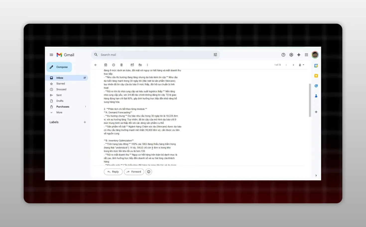 Giao diện email chứa báo cáo phân tích chuỗi cung ứng