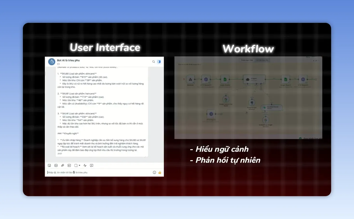 Giao diện chatbot và workflow hiển thị song song