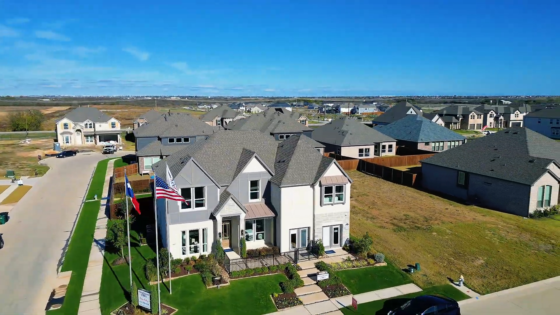 Aerial view of new construction home in Polo Ridge Forney Texas