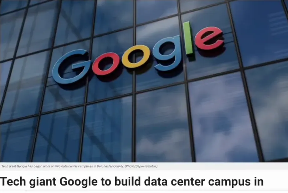 Screenshot of a news article about Google building a data center campus in Dorchester County