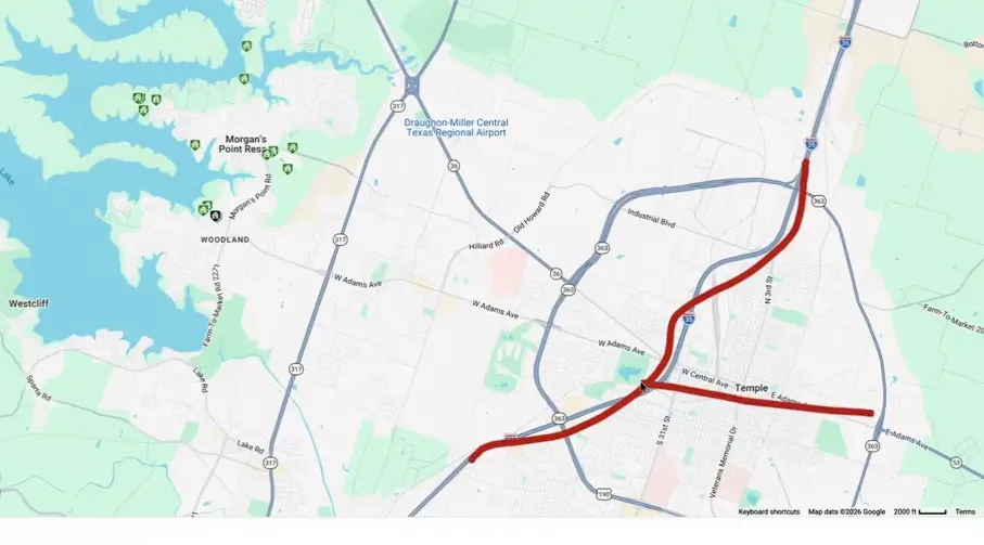Map of Lake Belton area with red route markings near Morgan's Point Road