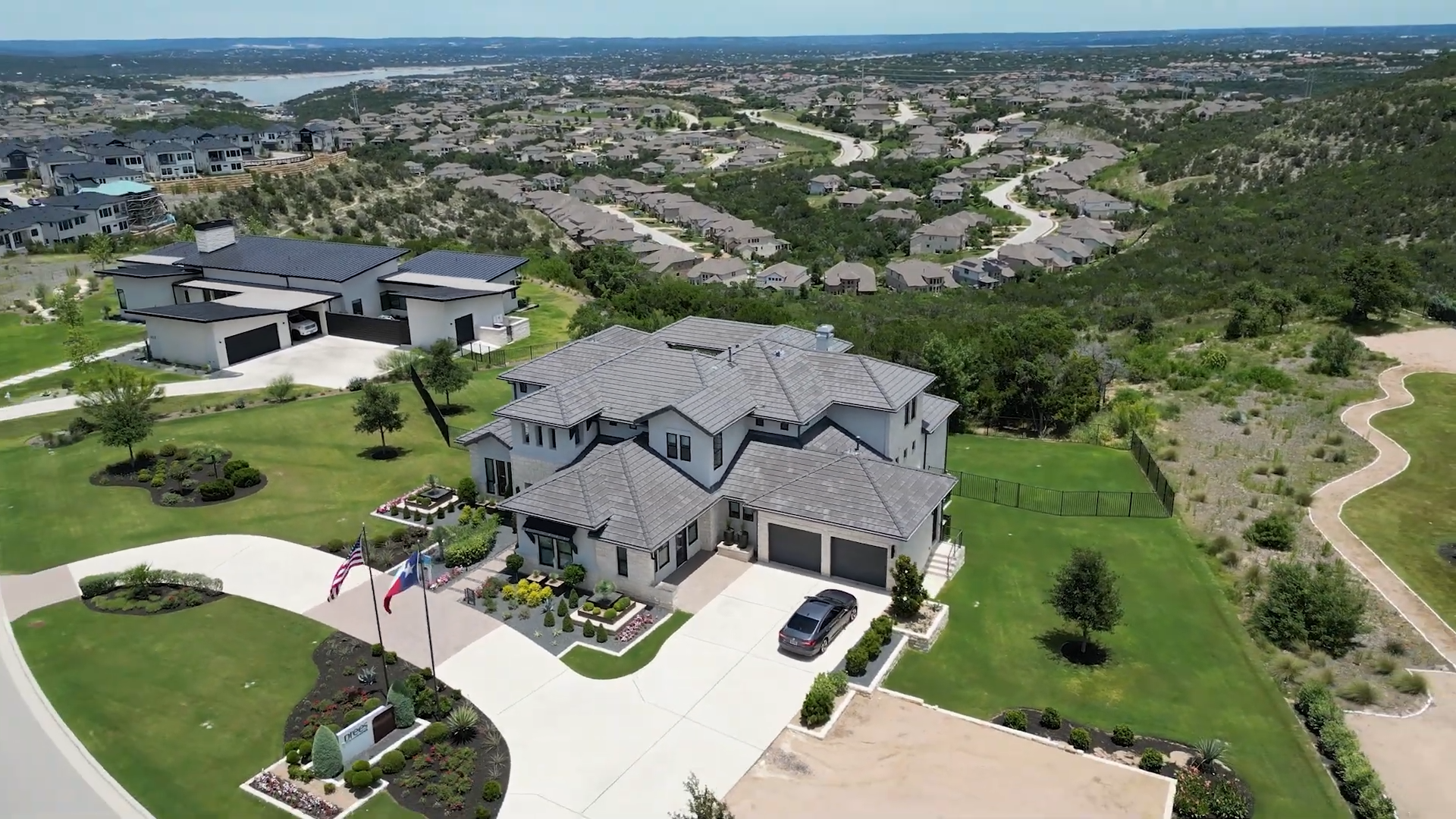 aerial shot of luxury custom home in Austin