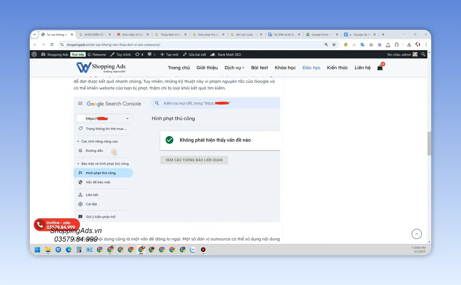 Giao diện Google Search Console với menu và khu vực thông báo trạng thái website