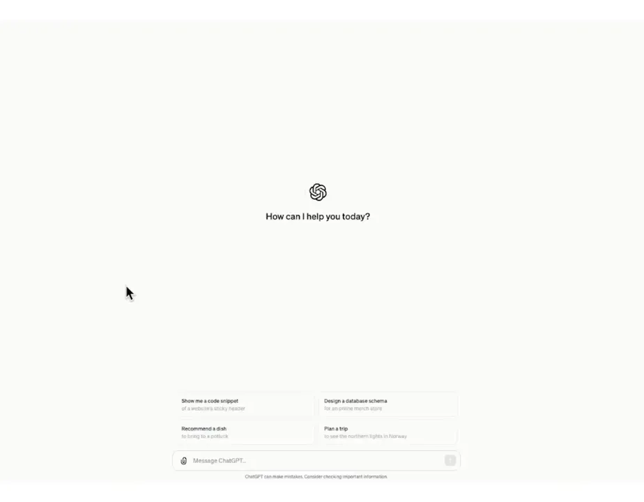 ChatGPT interface showing 'How can I help you today?' with cursor on a clean white background