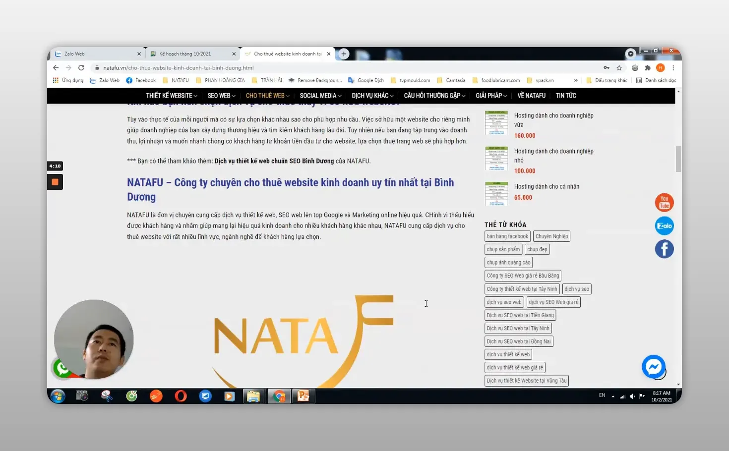 Trang website hiển thị bài viết giới thiệu dịch vụ thiết kế website của NATAFU