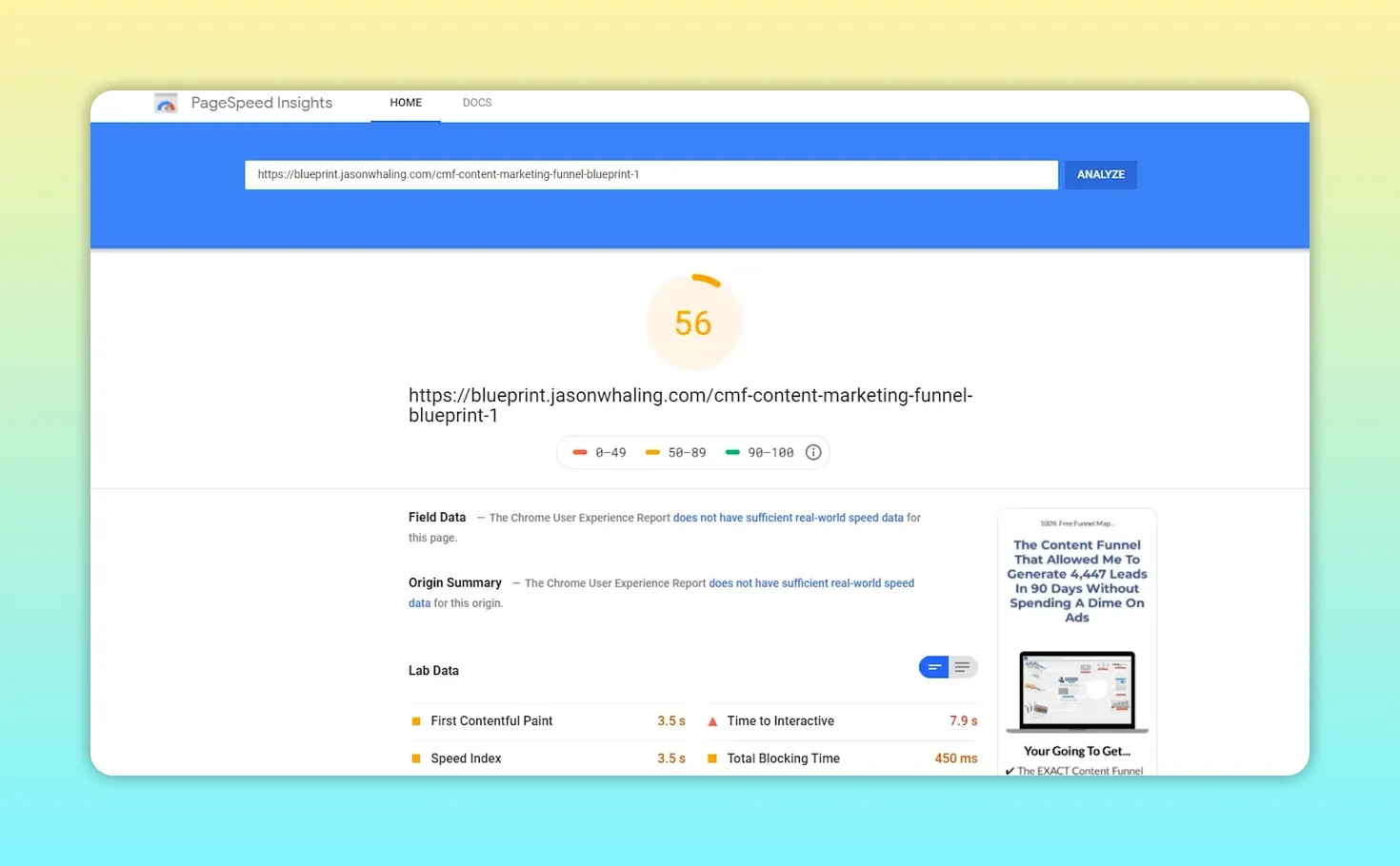 Trang kết quả Google PageSpeed Insights hiển thị điểm hiệu suất