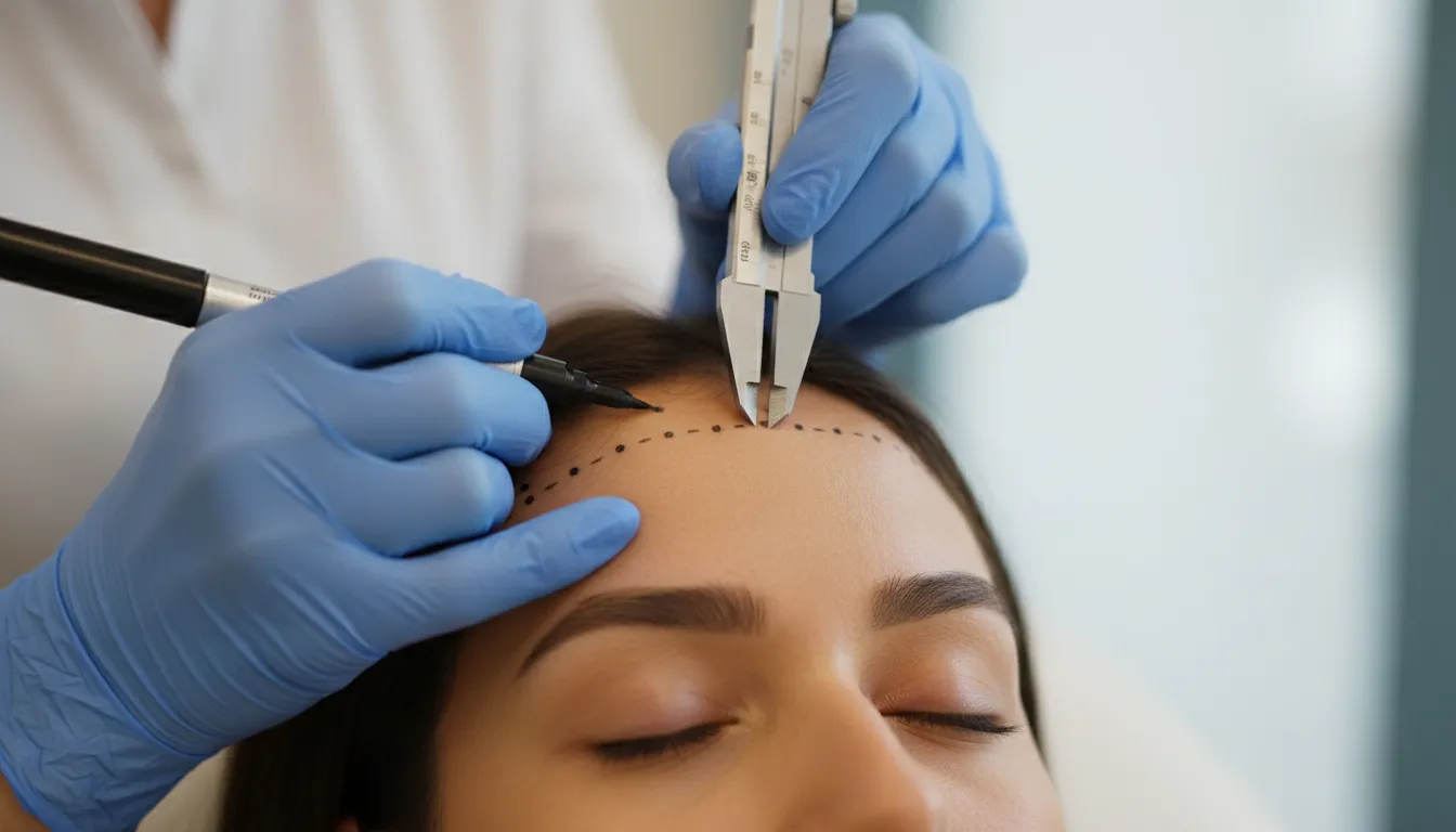 Avaliação e marcação para lifting de sobrancelha com Botox em testa pequena — close-up clínico de médico desenhando pontos e medindo a sobrancelha