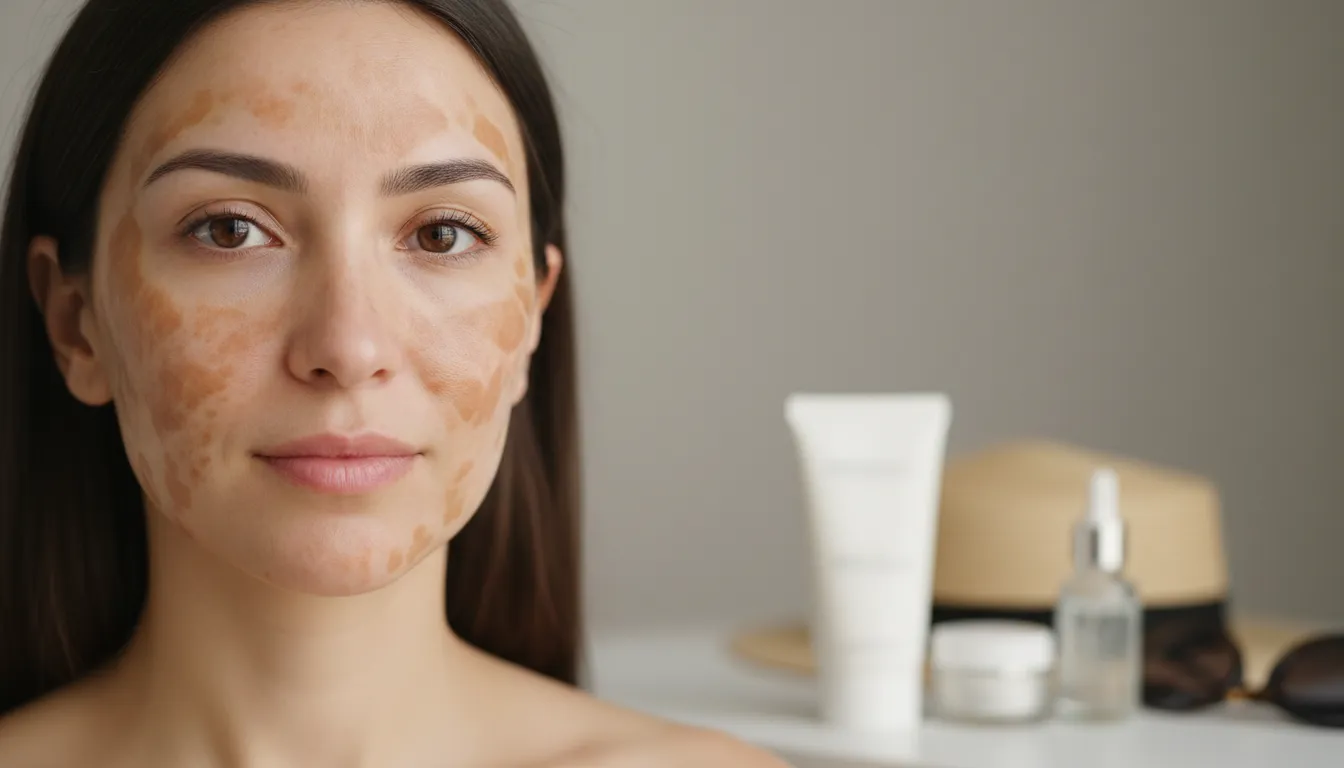 Rosto de mulher com melasma nas bochechas, testa e acima do lábio superior, ao lado produtos de cuidados da pele e acessórios de proteção solar, rotina caseira de tratamento