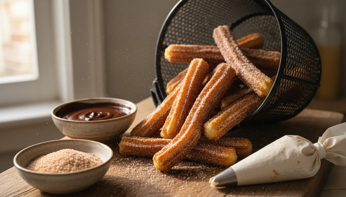 Golden air fryer churros dusted with cinnamon sugar on a rustic wooden board beside a bowl of chocolate dipping sauce and a bowl of extra cinnamon-sugar