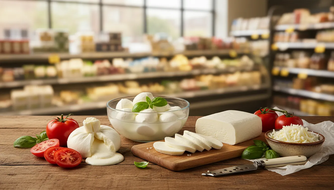 Assortment of mozzarella cheeses at a grocery counter: fresh fior di latte balls, torn burrata, low‑moisture slices and shredded mozzarella with tomatoes and basil