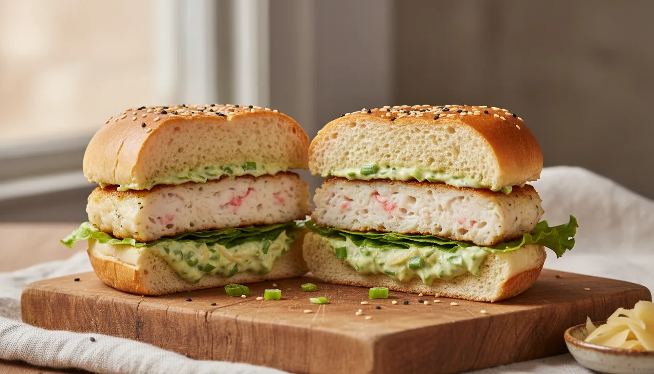 Close-up of a homemade Cantonese Filet-O-Fish with cod-and-shrimp fish cake, ginger-scallion tartar and brioche bun
